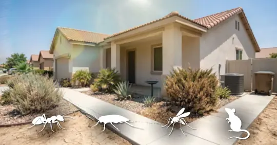 SoCal home under extreme heat with pest silhouette overlays